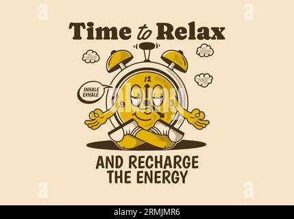 Time to relax and recharge energy, alarm clock mascot character in meditation pose, design in vintage style Stock Vector