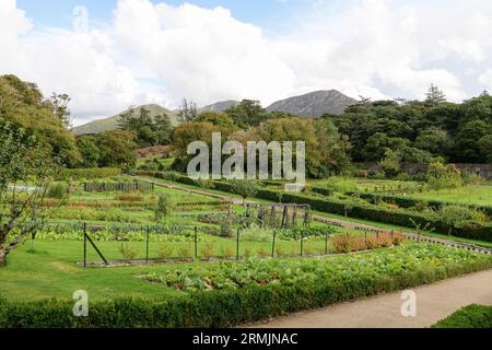 Irland, Connemara: County Galway: Kylemore Abbey, ein Benediktinerkloster auf dem Gelände von Kylemore Castle, von Pollacappul Lough, am Botto Stockfoto