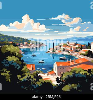 Eine Zeichnung von Hvar und den Pakleni-Inseln, Reisebillustration, sonniges Wetter, helle detailreiche Wolken, großartiger Blick auf das Gebiet, Vektorkunst mit hohen Details, emo Stock Vektor