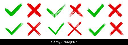 Schmutzige Grunge Hand gezeichnet mit Pinselstrichen Kreuz X und Häkchen OK Häkchen V Vektor Illustration Set Stock Vektor