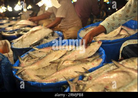 Die Menschen kaufen Hilsa-Fisch auf dem Lalbazar-Fischmarkt in Sylhet. Obwohl in letzter Zeit in den Flussmündungen und Meeren eine große Menge HILSA-Fisch von Fischern gefangen wurde, wird HILSA-Fisch immer noch zu hohen Preisen von 1500-2000 Taka pro kg verkauft. Man fragt sich, warum der Nationalfisch von Bangladesch, der ganz natürlich angebaut wird, so teuer ist. Sylhet, Bangladesch. Stockfoto