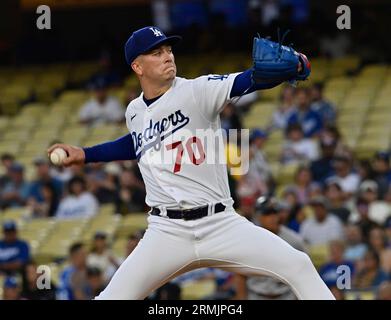 Los Angeles, Usa. 28. August 2023. Die Los Angeles Dodgers, die den Pitcher Bobby Miller starten, liefern am Montag, den 28. August 2023 im Dodger Stadium in Los Angeles gegen die Los Angeles Dodgers. Foto von Jim Ruymen/UPI Credit: UPI/Alamy Live News Stockfoto