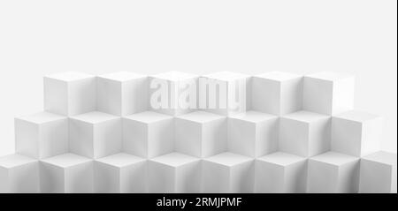 Weiße Würfelkästen mit dunklem Wandhintergrund. Abstrakter geometrischer Musterhintergrund. 3D-Rendering. Stockfoto