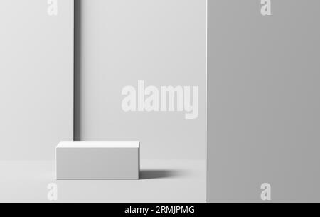 Podium oder Sockel mit abstraktem weißem rechteckigem Hintergrund für Produktmarkierung und -Präsentation. 3D-Rendering Mock-up-Szene und leerer Platz. Stockfoto
