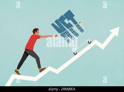 Mann, der den NFT-Text im Warenkorb nach oben drückt, aufsteigender Pfeil Stockfoto