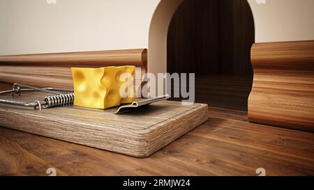 Maus Trap mit einem Stück Käse vor dem Mauseloch. 3D-Darstellung. Stockfoto