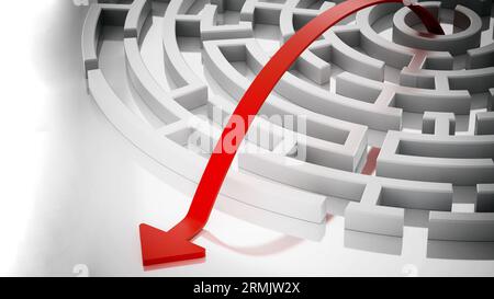 Rote Linie mit Pfeil aus der Runde Labyrinth führt. 3D-Darstellung. Stockfoto