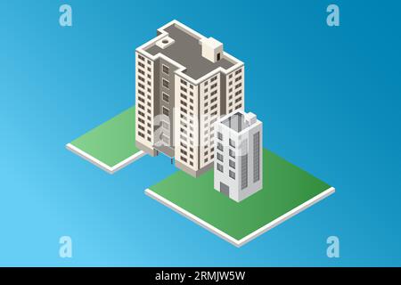 Isometrisches Geschäftsgebäude intelligente moderne Stadt Wohnvektor Illustration auf blau Stock Vektor