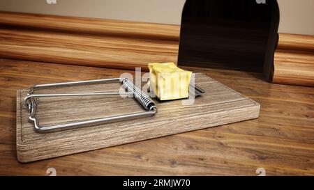 Maus Trap mit einem Stück Käse vor dem Mauseloch. 3D-Darstellung. Stockfoto