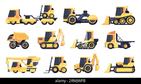 Baumaschinen. Straßenbau schwere Ausrüstung, Bagger Bagger Kran schwere LKW Kippvorrichtung, Maschinen für den Industrietechnik. Vektorsatz. Planierschild-, Gabelstapler- und Ladermaschinen Stock Vektor