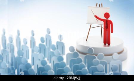 Roter öffentlicher Redner, umgeben von blauen Figuren, hält eine Rede. 3D-Illustration. Stockfoto