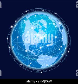 Global Network System – Konzeptdarstellung. Nordamerikanische Karte. Blaues Planet Sphere-Symbol auf dunklem Hintergrund. Vektorillustration. Stock Vektor