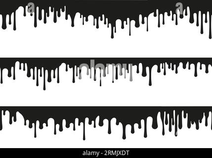 Nahtlose schwarze Tropfen. Abstrakte Tropfenspritzer-Flecken, komische Tropfenströmung, Ölflecken-Tropfentapete. Vektorstruktur. Rand mit tropfender Farbe, gruseliges Design mit austretender Flüssigkeit Stock Vektor