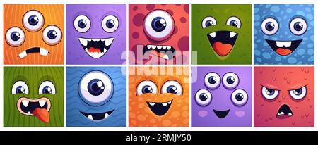 Quadratische Monstergesichter. Comic Alien und Dinosaurier Gesichter quadratische Banner, lustige außerirdische Kreaturen Maskottchen mit Emotionen Ausdruck. Vektor isolierte Sammlung von Emoticon lustig, Cartoon Emotion Illustration Stock Vektor