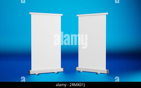 Leerer aufrollbarer Bannerständer auf blauem Hintergrund. 3D-Rendering Stockfoto