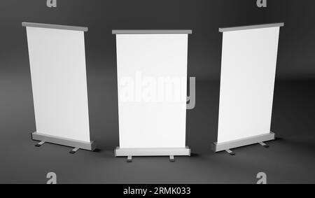 Leere aufrollbare Bannerständer-Anzeige. 3D-Rendering-Illustration Stockfoto