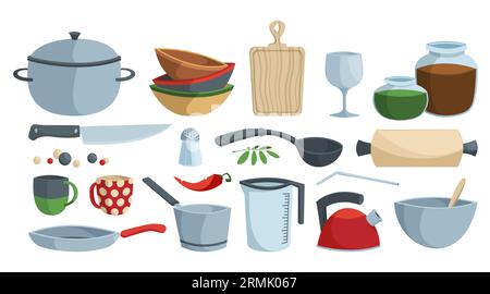 Küchengeräte. Comic Flat Kochutensilien, Löffel Schüssel Topf Pfanne Messer und Topf, Küchengeräte Set. Vektor flache Sammlung von Kochküche Illustration Stock Vektor