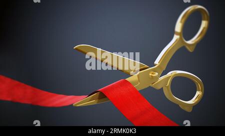 Goldene Schere schneiden Red Ribbon. 3D-Darstellung. Stockfoto