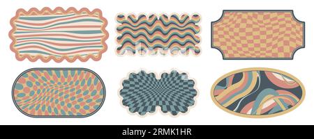 Groovige Formen. Geometrischer Brutalismus abstrakte Naturelemente und Hippie-minimalistisches leeres Stickerlayout. Geometrische Illustration mit groovenden Vektorrändern und -Formen Stock Vektor