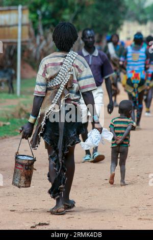 Äthiopien. Omo Valley, Bana-Stammesfrauen in Muscheln und Leder auf dem Jinks Market, Stockfoto