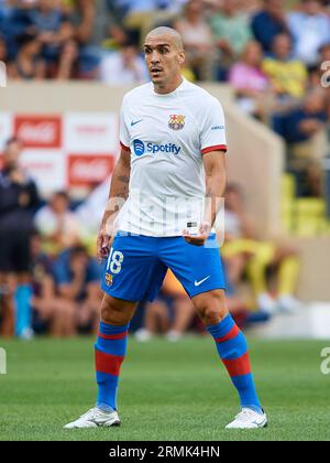 Vila Real, Spanien. 27. August 2023. Oriol Romeu vom FC Barcelona reagiert beim LaLiga EA Sports Match zwischen Villarreal CF und FC Barcelona im Estadio de la Ceramica, 27. August 2023, Vila-Real, Spanien (Foto: David Aliaga/NurPhoto) Credit: NurPhoto SRL/Alamy Live News Stockfoto