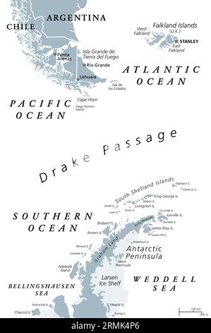 Drake Passage, Mar de Hoces oder Hoces Sea, graue politische Karte. Gewässer zwischen Kap Horn und Antarktischer Halbinsel. Stockfoto