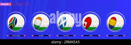 Rugby-Symbol für Teilnehmer an Pool B Rugby-Wettbewerben. Vektorsymbolsammlung. Stock Vektor