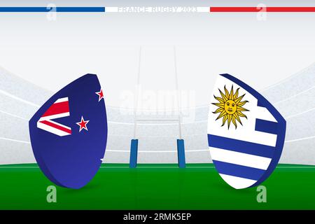 Spiel zwischen Neuseeland und Uruguay, Illustration der Rugby-Flagge Symbol auf Rugby-Stadion. Vektorillustration. Stock Vektor