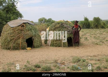 Strohhütten im Daasanach-Stammesdorf, Omo Valley, Äthiopien, Afrika die Daasanach (auch bekannt als Marille oder Geleba) sind ein kushitischer ethnischer Grou Stockfoto