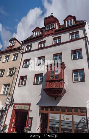 Historische Dachaufzugbucht, Theatergasse 17, Nürnberg, Mittelfranken, Bayern, Deutschland Stockfoto