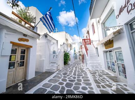 Weiße kykladische Häuser mit bunten Türen und Fensterläden, Gassen der Altstadt von Chora, Mykonos, Mykonos, Kykladen Stockfoto