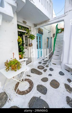 Weiße kykladische Häuser mit bunten Türen und Fensterläden, Gassen der Altstadt von Chora, Mykonos, Mykonos, Kykladen Stockfoto