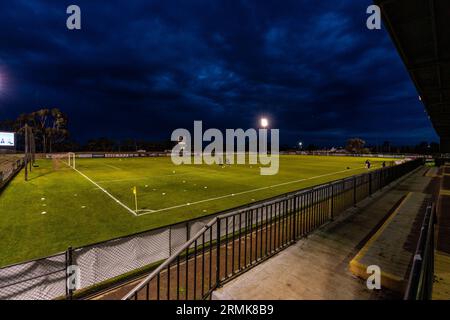 Sunshine North, Australien. 29 {Monatsname}, 2023. Melbourne Knights Stadium von der Tribüne direkt vor dem Spiel. Quelle: James Forrester/Alamy Live News Stockfoto