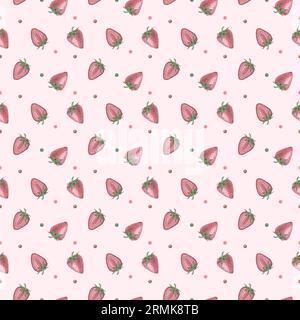 Nahtloses Muster mit rosafarbenen Erdbeeren auf einem rosafarbenen Hintergrund mit Aquarellfarben. Aquarellzeichnung. Geeignet für Verpackungsdesign Stockfoto
