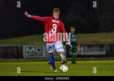 Sunshine North, Australien. 29 {Monatsname}, 2023. Josh Phelps, der Spieler der Melbourne Knights, räumt den Ball aus der Verteidigung aus. Quelle: James Forrester/Alamy Live News Stockfoto