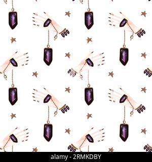 Magisches nahtloses Muster. Frauenhand mit einem Kristall an einer Kette und goldenen Sternen. Ritual zur Vorhersage der Zukunft. Lithomancy. Mystische Wahrsagung. Whit Stockfoto