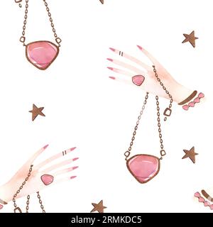 Magisches nahtloses Muster. Frauenhand mit einem Kristall an einer Kette und goldenen Sternen. Ritual zur Vorhersage der Zukunft. Lithomancy. Mystische Wahrsagung. Whit Stockfoto