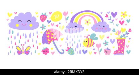 Niedliches Set mit regnerischen Elementen. Kindliche flache Vektorillustration Sammlung. Regnerische Wolken und Regenbogen isoliert auf weißem Hintergrund. Stock Vektor