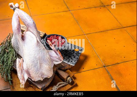 Rohes Guineafowl, Perlhuhn mit Kräutern zum Kochen. Orangefarbener Hintergrund. Draufsicht. Leerzeichen kopieren. Stockfoto