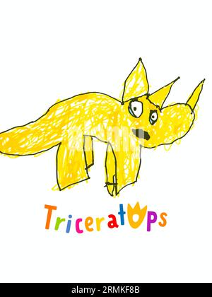 Triceratops Kinderzeichnung. Triceratops-Dinosaurier im Comic-Stil auf weißem Hintergrund. Vektor-farbige Bleistiftillustration für T-Shirt oder Geburtstag Stock Vektor