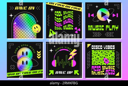 Social-Media-Poster für Musikveranstaltungen mit geometrischen Formen, Lächeln und holografischem Regenbogenverlauf. Set aus Bannern, Flyern im y2k-Stil. Disco-Plakate mit Neon-Kopierraum, Hologramm-Elemente. Stock Vektor