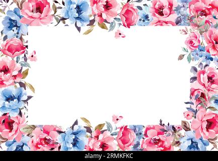 Aquarellgemalter Blumenrahmen auf weißem Hintergrund. Blaue und rosa und wilde Blumen, Zweige, Blätter und Zweige. Stock Vektor