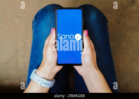 Brasilien. 28. August 2023. In dieser Abbildung wird das Sana Biotechnology-Logo auf einem Smartphone angezeigt. Quelle: SOPA Images Limited/Alamy Live News Stockfoto