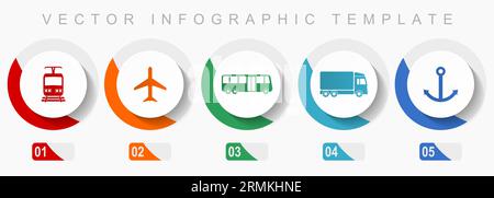 Transport-Symbolsatz, verschiedene Symbole wie Zug, Flugzeug, Bus, Lkw und Anker, flache Vektor-Infografikvorlage, Webschaltflächen in 5 Farben o Stock Vektor