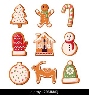 Lebkuchen-Kekse-Sammlung im Cartoon-Stil. Im Winter hausgemachte Süßigkeiten in Form von Haus, Lebkuchenmann, weihnachtsbaum, Rentier, Fäustling, Schneemann Stock Vektor