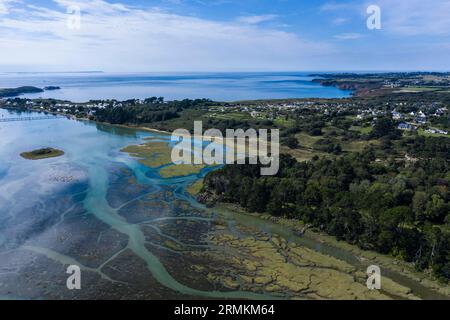 Luftaufnahme der Flussmündung La Ria bei Flut, Le Conquet, Département Finistere Pen AR Bed, Region Bretagne Breizh, Frankreich Stockfoto