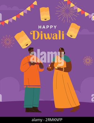 Glückliches Diwali, wunderschönes indisches Paar in traditioneller Kleidung, das Diya am Diwali-Tag aufhellt. Feiern Sie das Festival der Lichter, Diwali Stock Vektor