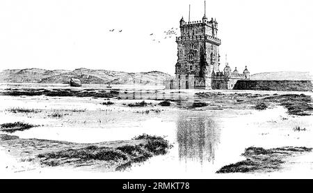 Torre de Belem, Turm von Belem, Mittelalter, Tejo, Flussufer, Lissabon, Berge, Zinnen, Burgmauer, Portugal, historische Illustration Stockfoto