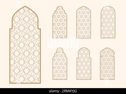 Islamische Fensterform mit Mashrabiya-Muster. Arabischer Türrahmen. Islamische Arhitektionselemente von Fenster und Tür und Mashrabiya-Muster. Stock Vektor