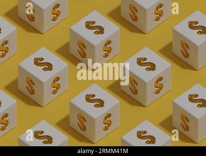 Nahtloses Würfelmuster mit dem Dollarzeichen. 3D-Abbildung. Stockfoto